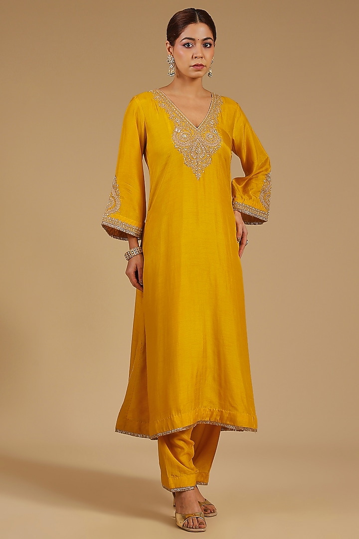 Mustard Uppada Silk Kiran Dori Embroidered Kaftan Set by Sheetal Batra at Pernia's Pop Up Shop