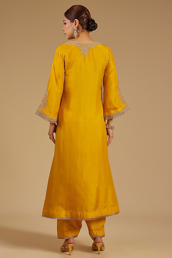 Mustard Uppada Silk Kiran Dori Embroidered Kaftan Set by Sheetal Batra at Pernia's Pop Up Shop
