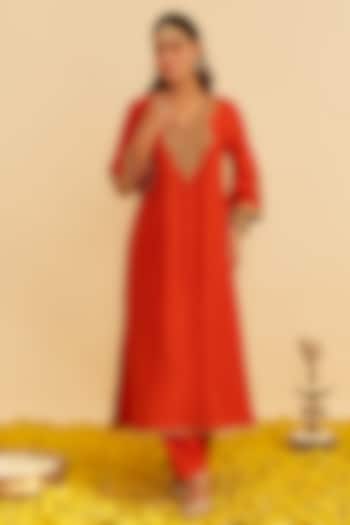 Burnt Orange Upada Silk Kiran Dori Embroidered Kaftan Set by Sheetal Batra at Pernia's Pop Up Shop