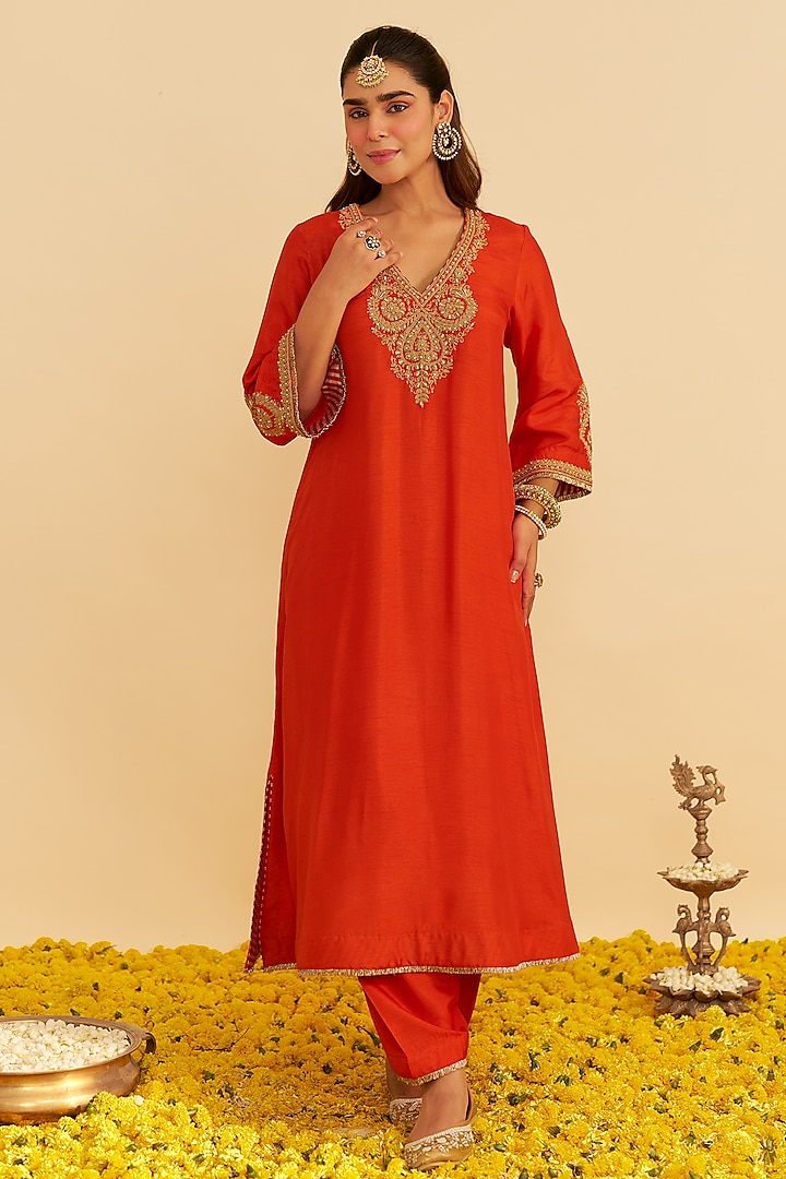 Burnt Orange Upada Silk Kiran Dori Embroidered Kaftan Set by Sheetal Batra at Pernia's Pop Up Shop