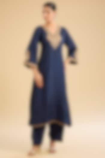 Deep Blue Pure Upada Silk Moti Kirandori Embellished Kurta Set by Sheetal Batra at Pernia's Pop Up Shop