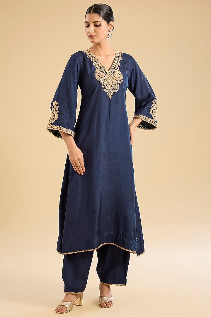 Deep Blue Pure Upada Silk Moti Kirandori Embellished Kurta Set by Sheetal Batra at Pernia's Pop Up Shop