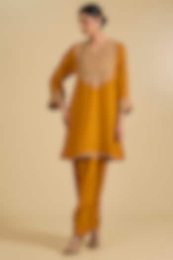 Yellow Pure Upada Silk Pearl Embroidered Kalidar Choga Kurta Set by Sheetal Batra at Pernia's Pop Up Shop