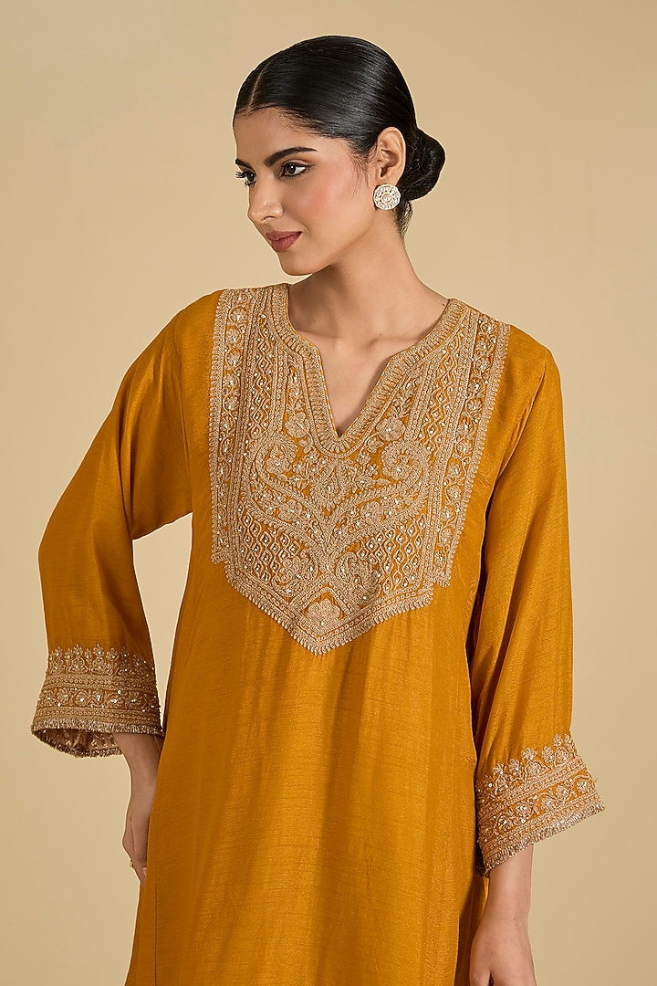 Yellow Pure Upada Silk Pearl Embroidered Kalidar Choga Kurta Set by Sheetal Batra at Pernia's Pop Up Shop