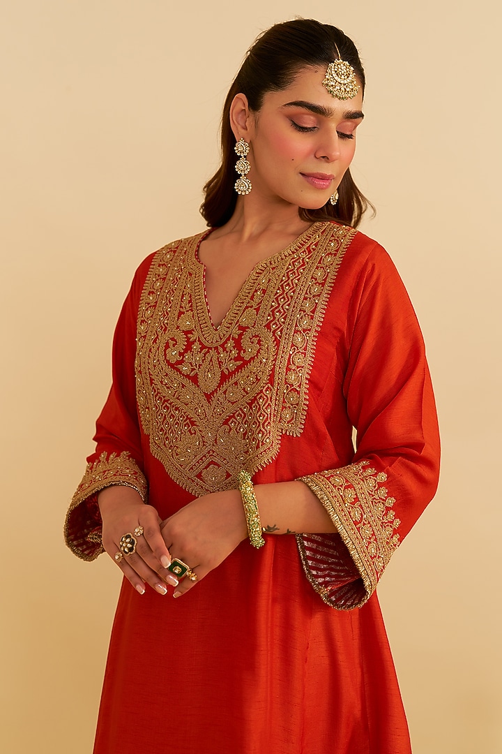 Burnt Orange Upada Silk Kiran Dori Embroidered Short Kurta Set by Sheetal Batra at Pernia's Pop Up Shop