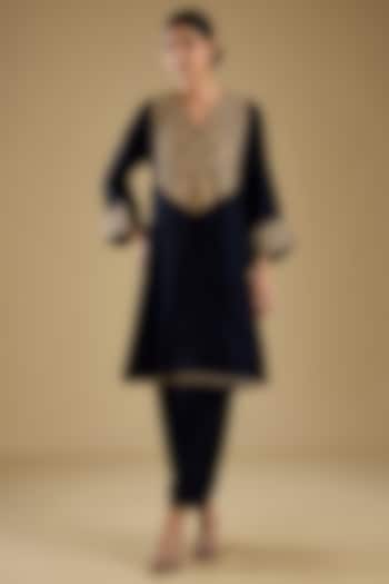 Deep Blue Pure Upada Silk Pearl Embroidered Choga Kurta Set by Sheetal Batra at Pernia's Pop Up Shop