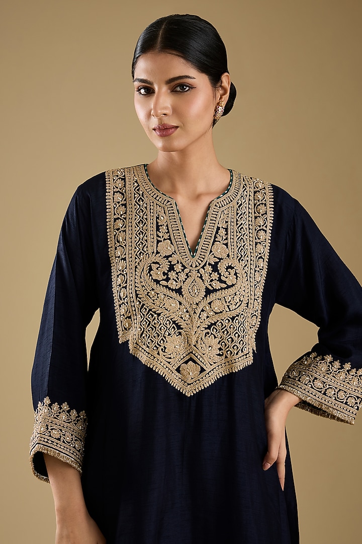 Deep Blue Pure Upada Silk Pearl Embroidered Choga Kurta Set by Sheetal Batra at Pernia's Pop Up Shop