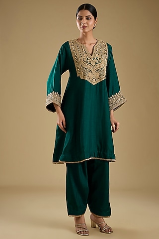 Emerald Green Pure Upada Silk Pearl Embroidered Choga Kurta Set by Sheetal Batra