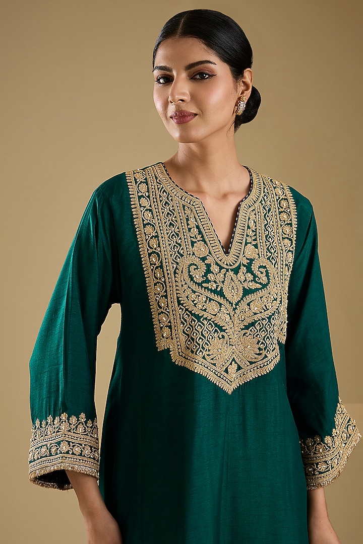 Emerald Green Pure Upada Silk Pearl Embroidered Choga Kurta Set by Sheetal Batra at Pernia's Pop Up Shop