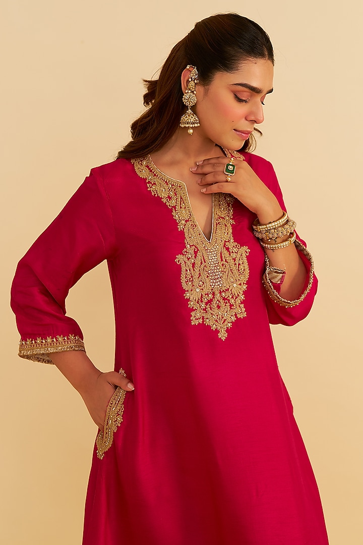Hot Pink Upada Silk Kiran Dori Embroidered Long Kaftan Set by Sheetal Batra at Pernia's Pop Up Shop