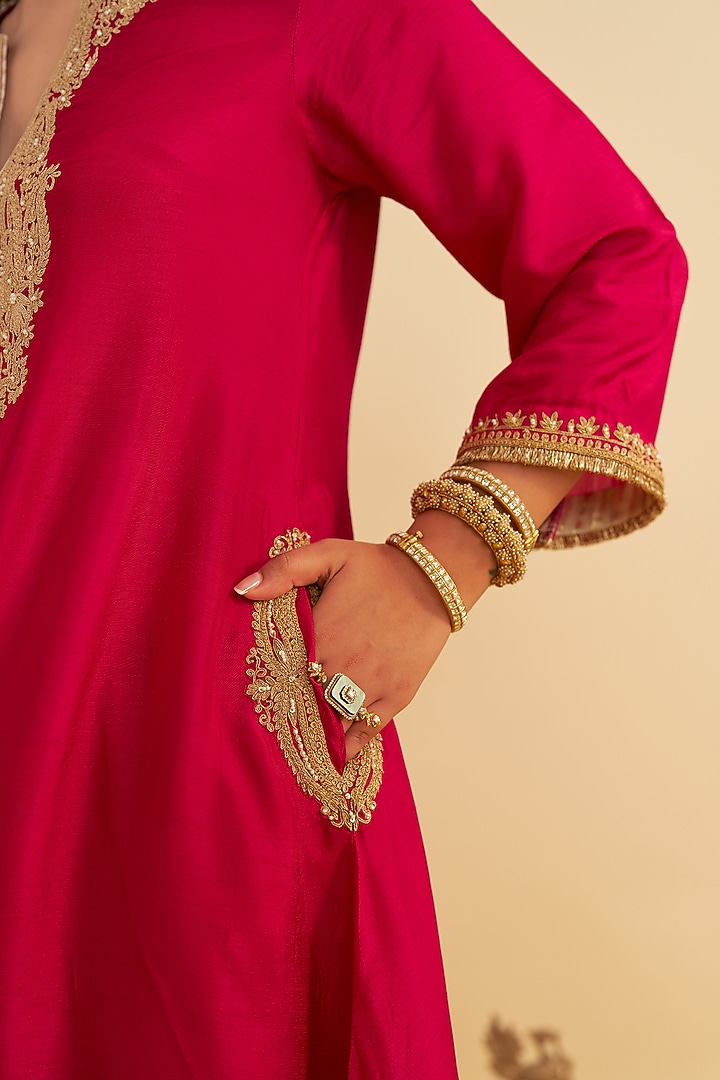 Hot Pink Upada Silk Kiran Dori Embroidered Long Kaftan Set by Sheetal Batra at Pernia's Pop Up Shop