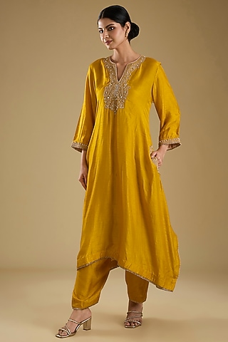 Mustard Pure Upada Silk Pearl Embroidered Kaftan Set by Sheetal Batra