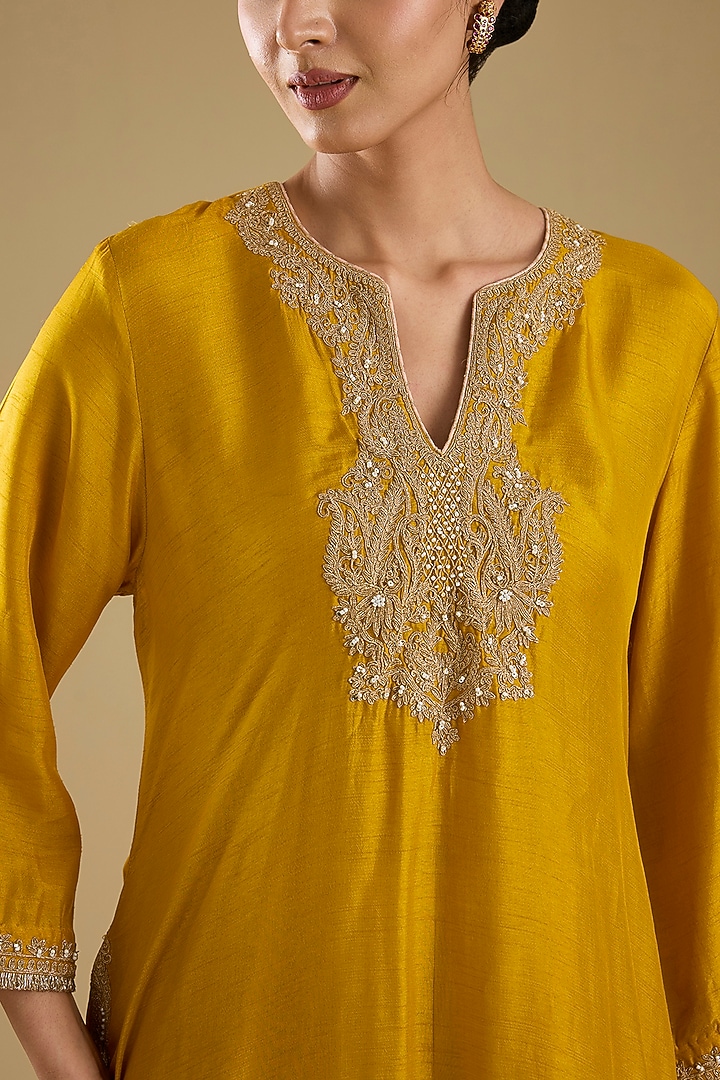 Mustard Pure Upada Silk Pearl Embroidered Kaftan Set by Sheetal Batra at Pernia's Pop Up Shop