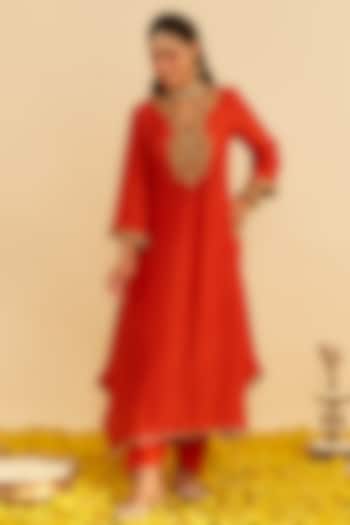 Burnt Orange Upada Silk Kiran Dori Embroidered Long Kaftan Set by Sheetal Batra at Pernia's Pop Up Shop