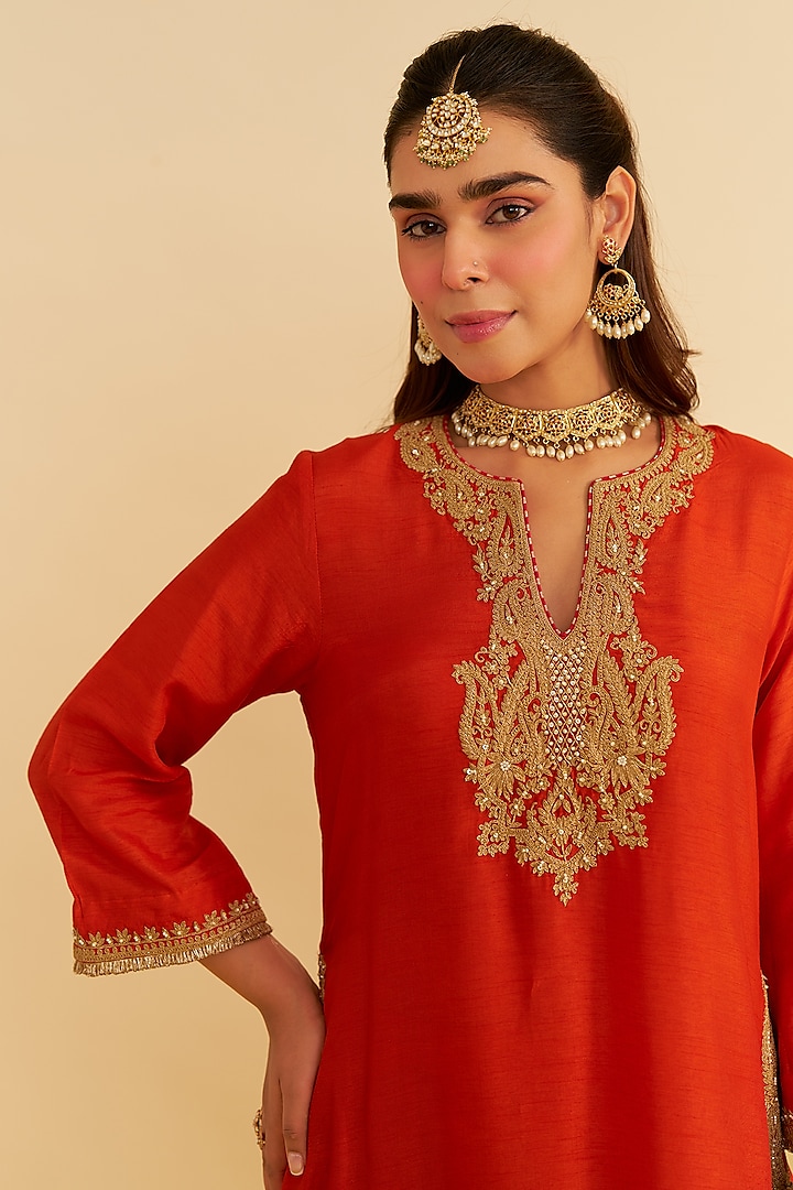 Burnt Orange Upada Silk Kiran Dori Embroidered Long Kaftan Set by Sheetal Batra at Pernia's Pop Up Shop