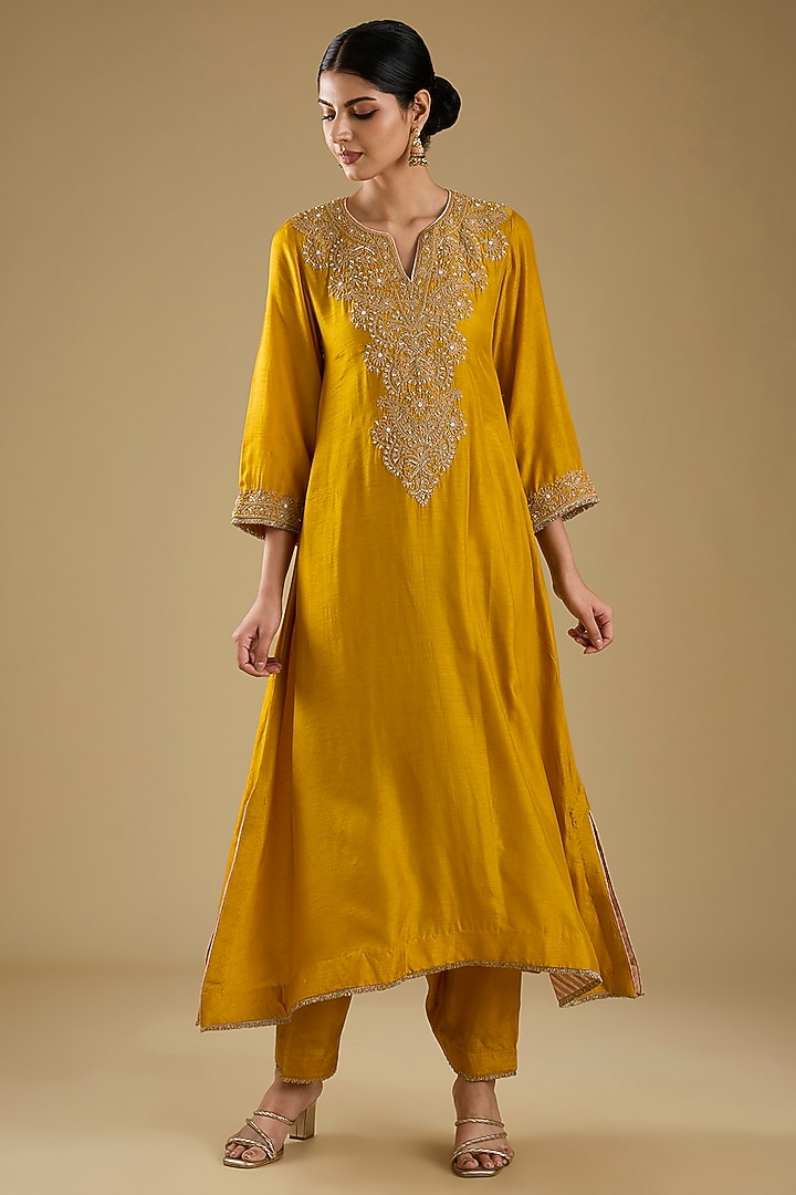 Mustard Pure Upada Silk Pearl Embroidered Kaftan Set by Sheetal Batra at Pernia's Pop Up Shop