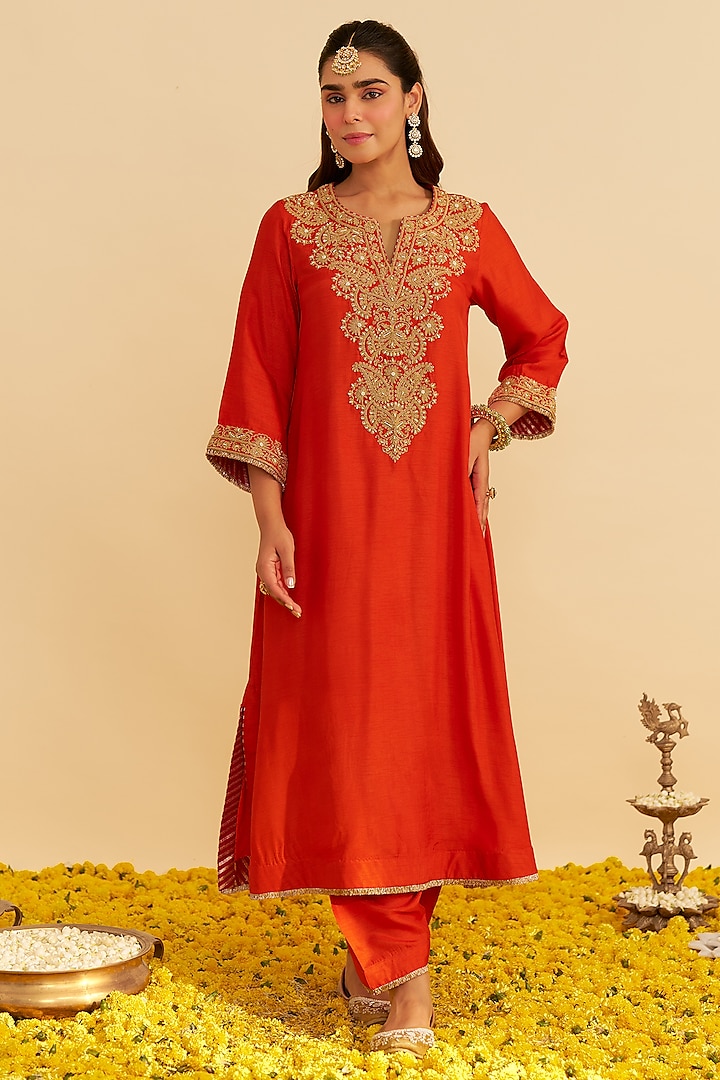 Burnt Orange Upada Silk Kiran Dori Embroidered Long Kaftan Set by Sheetal Batra at Pernia's Pop Up Shop