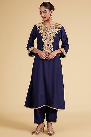Deep Blue Upada Silk Dori Embroidered Kaftan Set by Sheetal Batra
