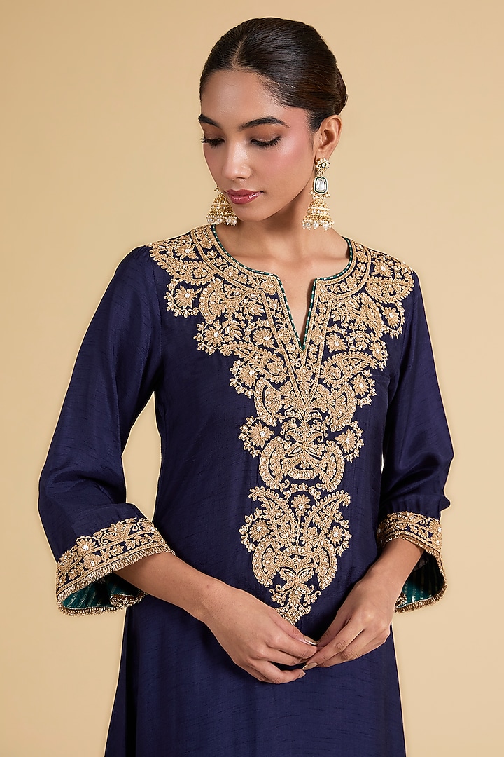Deep Blue Upada Silk Dori Embroidered Kaftan Set by Sheetal Batra at Pernia's Pop Up Shop