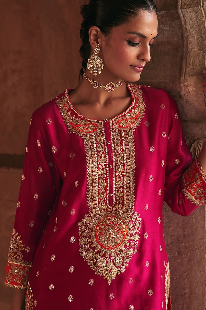 Hot Pink Pure Silk Chanderi Banarasi Gota-Patti Embroidered Kurta Set by Sheetal Batra at Pernia's Pop Up Shop