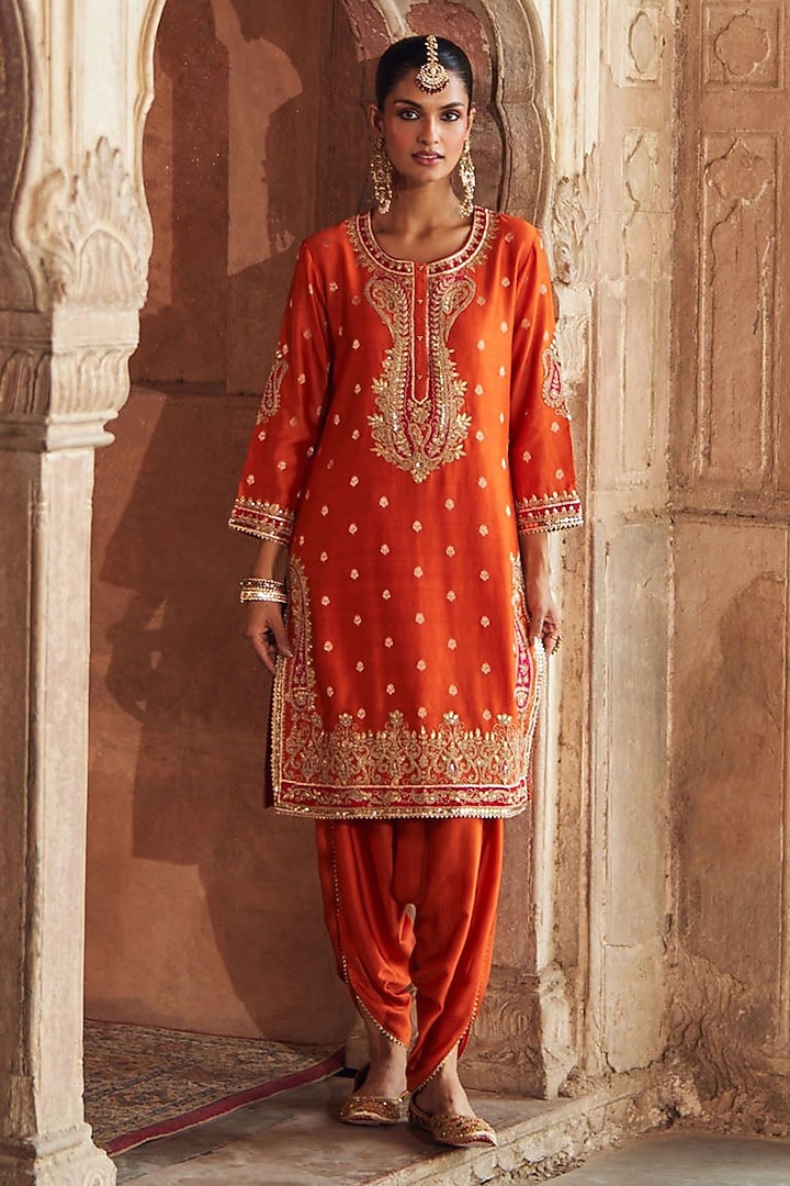 Burnt Orange Pure Silk Chanderi Banarasi Gota-Patti Embroidered Kurta Set by Sheetal Batra at Pernia's Pop Up Shop
