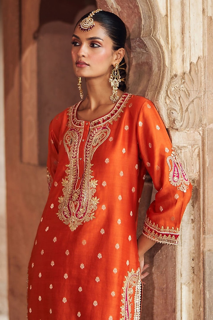 Burnt Orange Pure Silk Chanderi Banarasi Gota-Patti Embroidered Kurta Set by Sheetal Batra at Pernia's Pop Up Shop