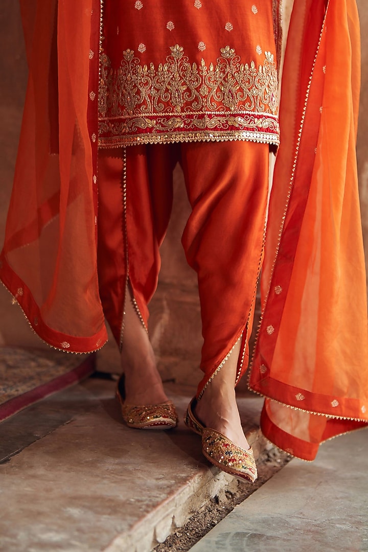 Burnt Orange Pure Silk Chanderi Banarasi Gota-Patti Embroidered Kurta Set by Sheetal Batra at Pernia's Pop Up Shop