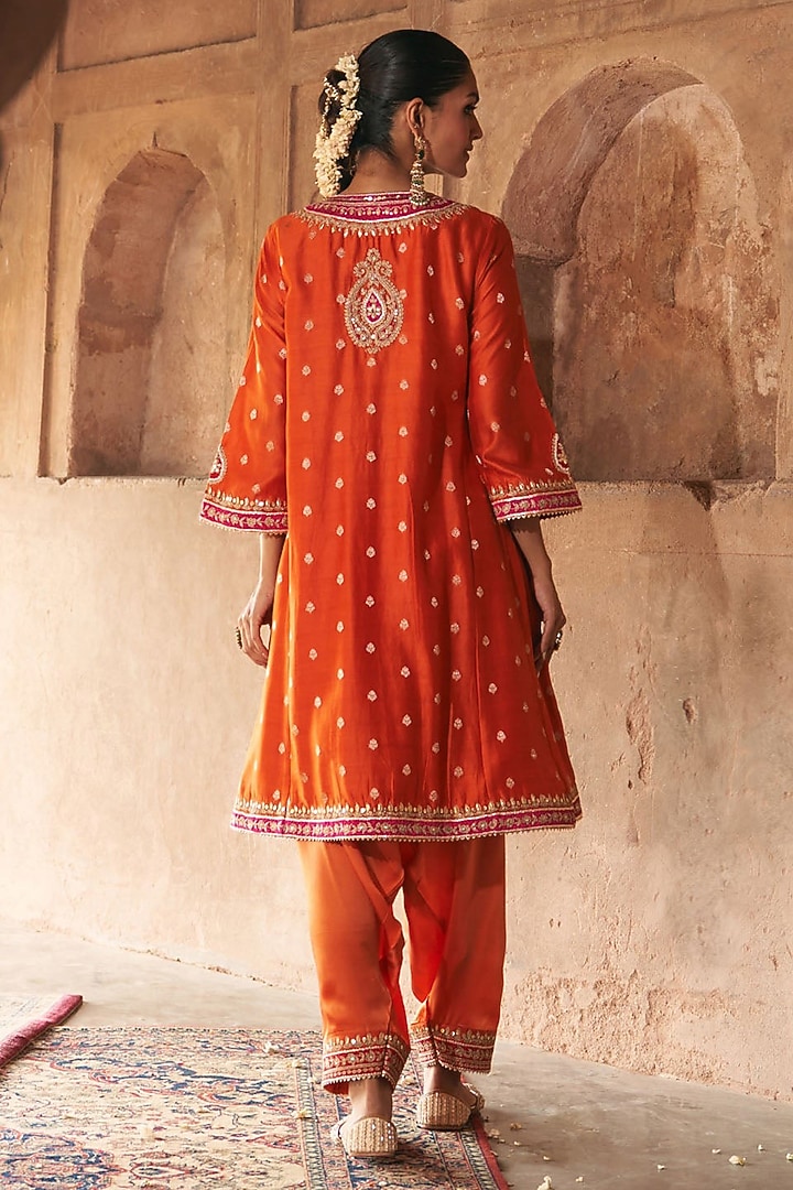 Rust Orange Pure Silk Chanderi Banarasi Gota-Patti Embroidered Kurta Set by Sheetal Batra at Pernia's Pop Up Shop