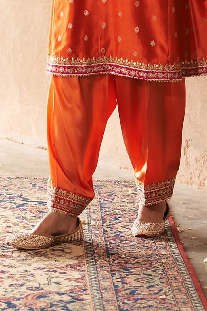 Rust Orange Pure Silk Chanderi Banarasi Gota-Patti Embroidered Kurta Set by Sheetal Batra at Pernia's Pop Up Shop