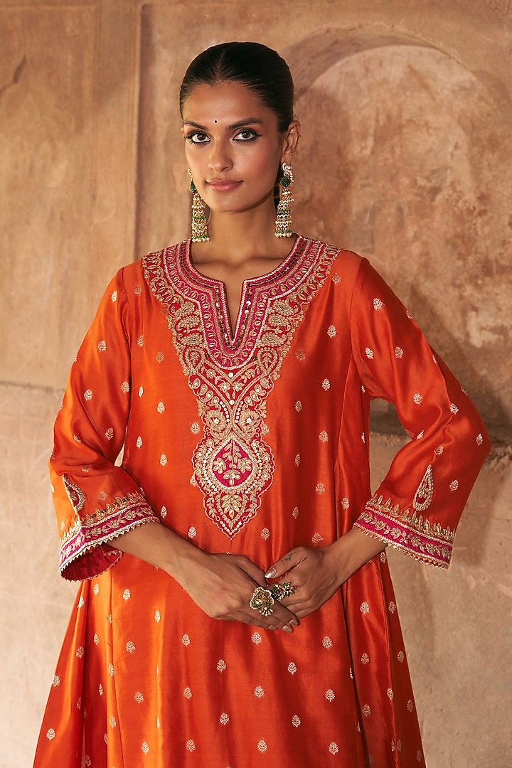 Rust Orange Pure Silk Chanderi Banarasi Gota-Patti Embroidered Kurta Set by Sheetal Batra at Pernia's Pop Up Shop