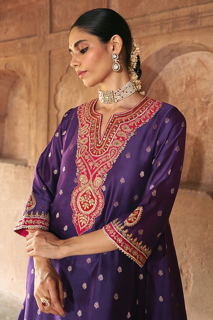 Deep Purple Pure Silk Chanderi Banarasi Gota-Patti Embroidered Kurta Set by Sheetal Batra at Pernia's Pop Up Shop