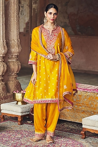 Mustard Pure Silk Chanderi Banarasi Gota-Patti Embroidered Kurta Set by Sheetal Batra