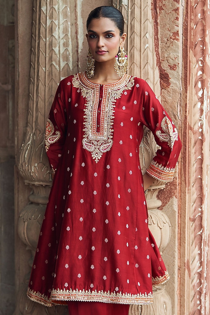Burnt Orange Pure Silk Chanderi Banarasi Gota-Patti Embroidered Kurta Set by Sheetal Batra at Pernia's Pop Up Shop