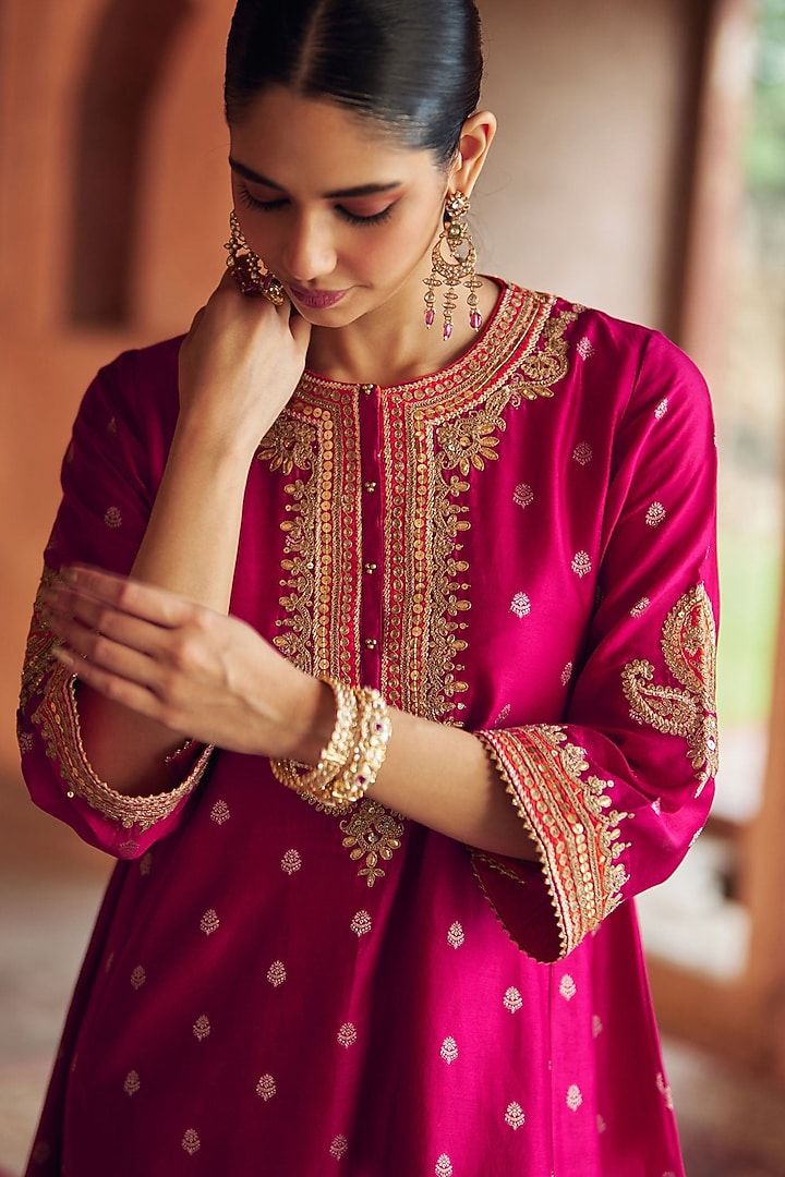 Hot Pink Pure Silk Chanderi Banarasi Gota-Patti Embroidered Kurta Set by Sheetal Batra at Pernia's Pop Up Shop