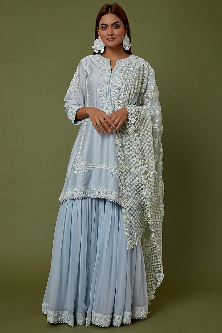Sky Blue Georgette Gharara Set by Sheetal Batra at Pernia's Pop Up Shop