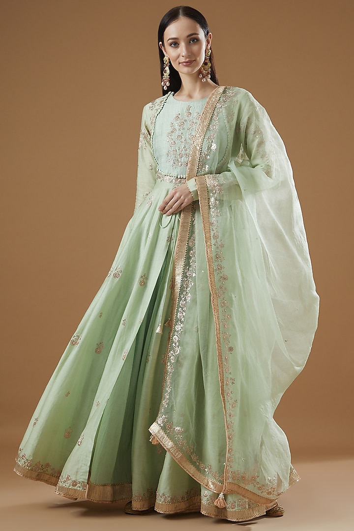 Mint Green Silk Chanderi Embroidered Anarkali Set by Sheetal Batra