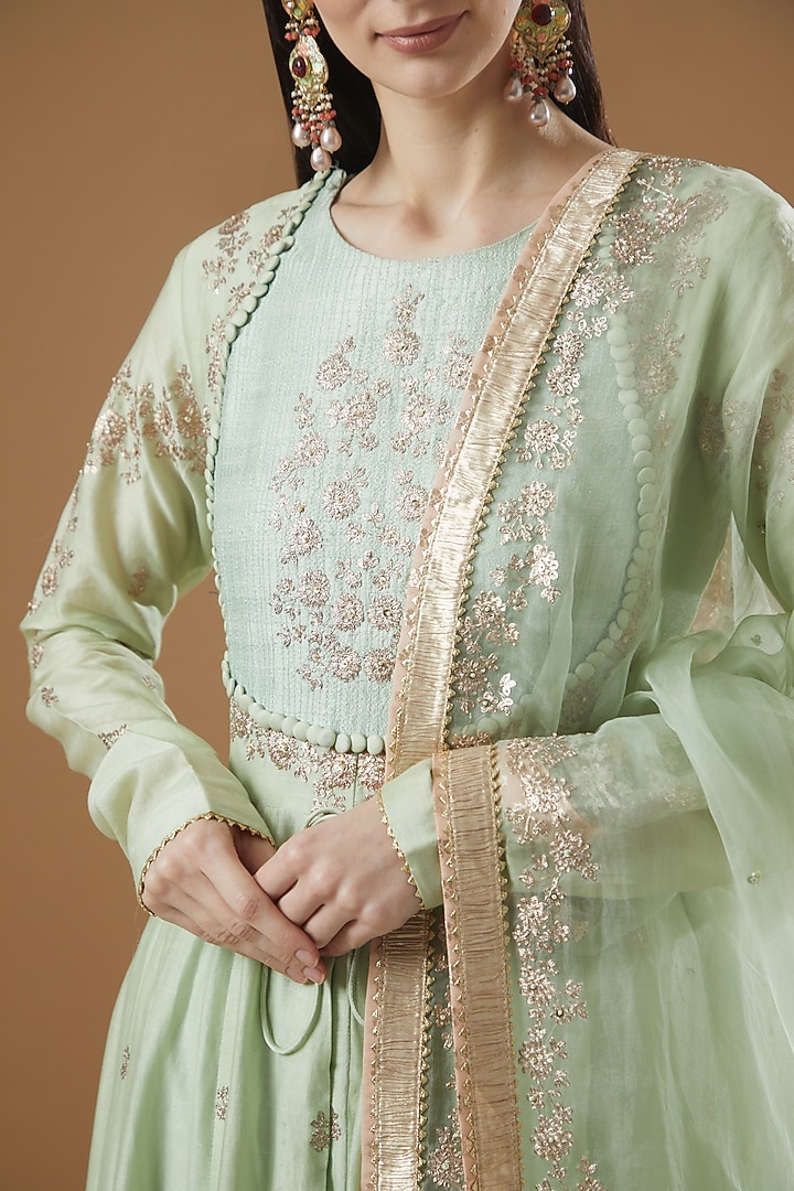 Mint Green Silk Chanderi Embroidered Wedding Anarkali Set by Sheetal Batra at Pernia's Pop Up Shop