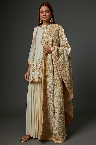White Georgette Gota Embroidered Gharara Set by Sheetal Batra