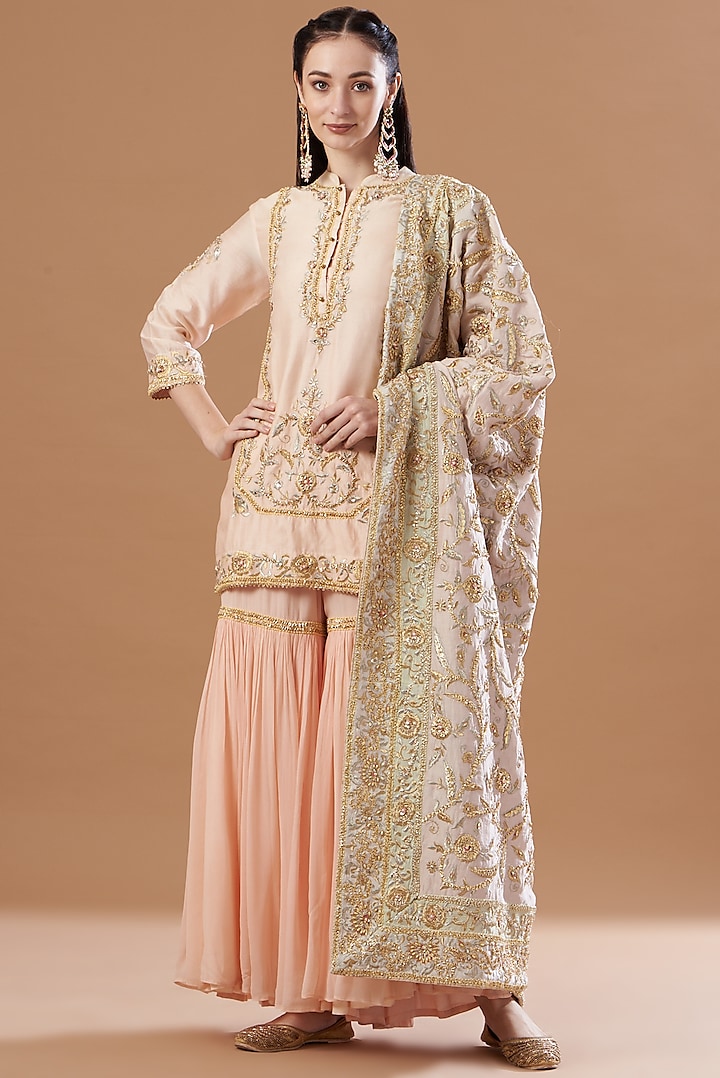 Peach Chanderi Silk Gharara Set by Sheetal Batra
