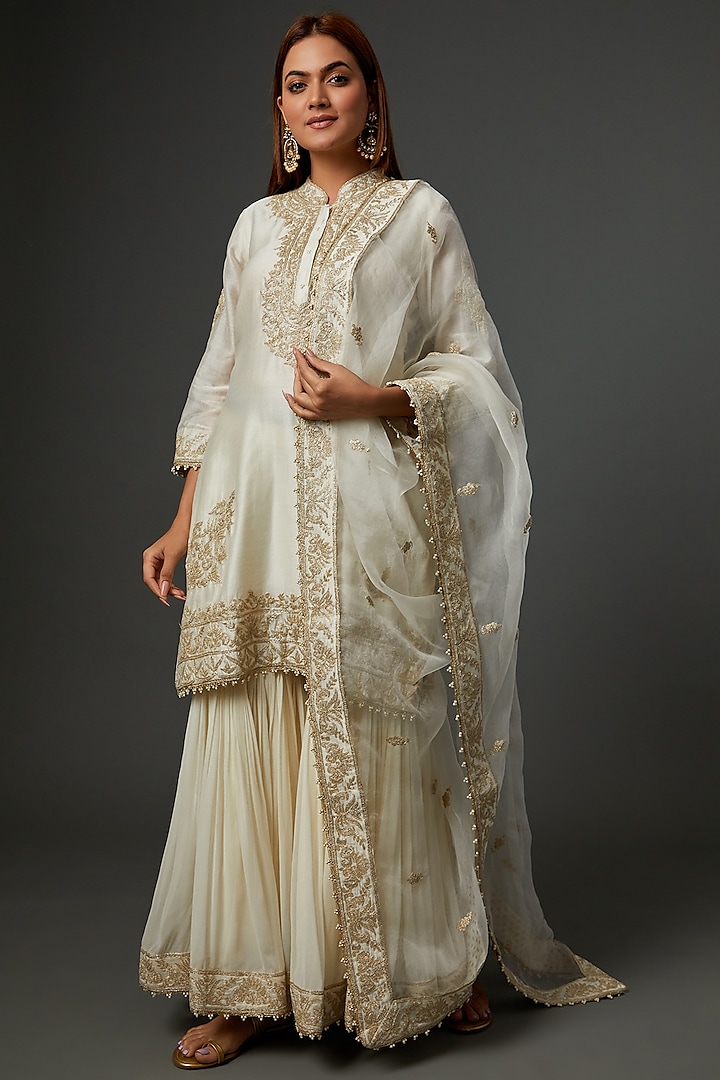 White Gharara Set in Georgette by Sheetal Batra