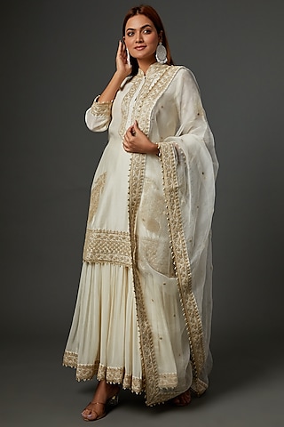 White Georgette Gharara Set by Sheetal Batra