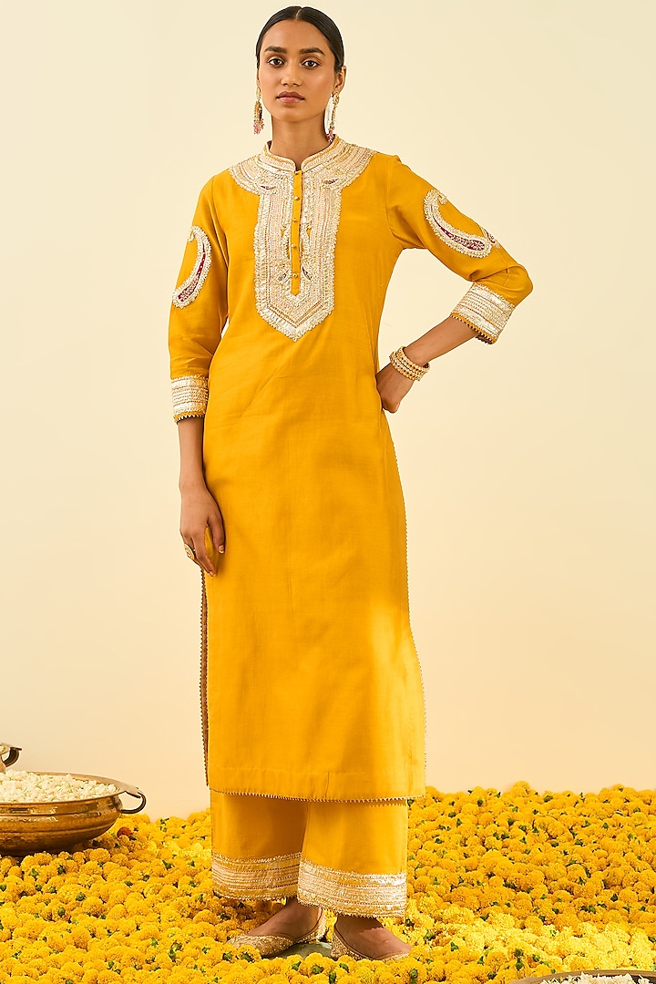 Glaze Mustard Gota Patti Embroidered Kurta Set by Sheetal Batra