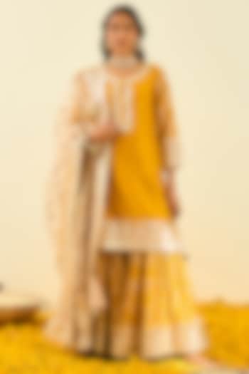 Glaze Mustard Silk Chanderi Gota Patti Embroidered Gharara Set by Sheetal Batra