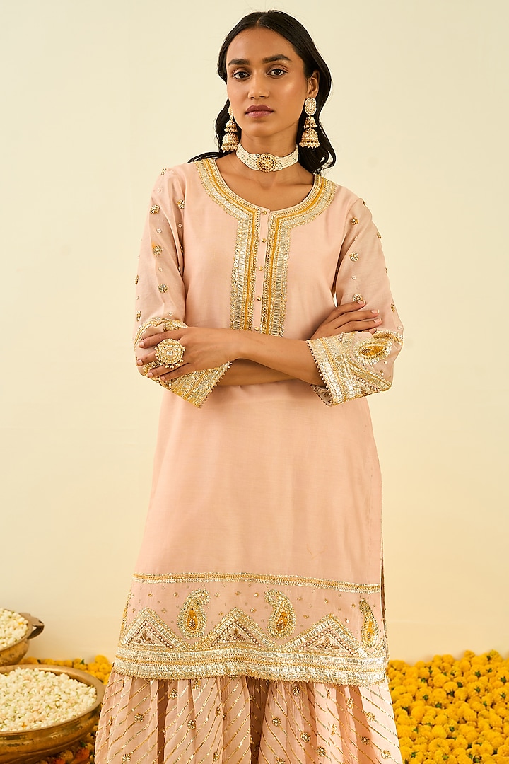 Rose Pink Silk Chanderi Gota Patti Embroidered Gharara Set by Sheetal Batra at Pernia's Pop Up Shop