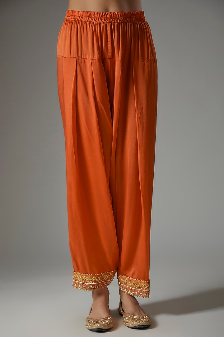Orange Pure Silk Chanderi Gota Patti Embroidered Kurta Set by Sheetal Batra at Pernia's Pop Up Shop