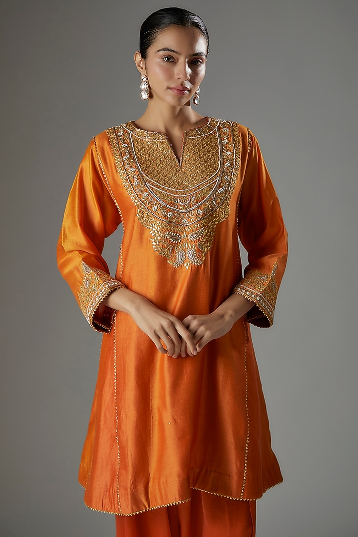 Orange Pure Silk Chanderi Gota Patti Embroidered Kurta Set by Sheetal Batra at Pernia's Pop Up Shop