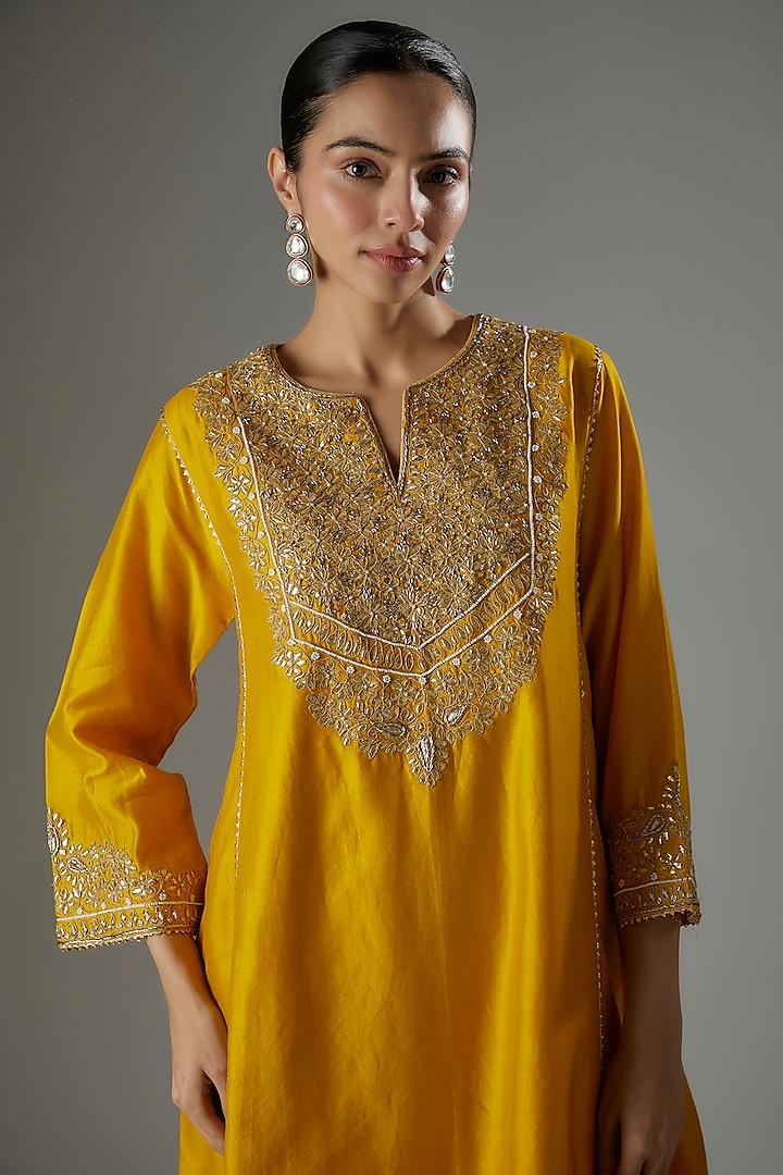 Yellow Pure Silk Chanderi Gota Patti Embroidered Kurta Set by Sheetal Batra at Pernia's Pop Up Shop