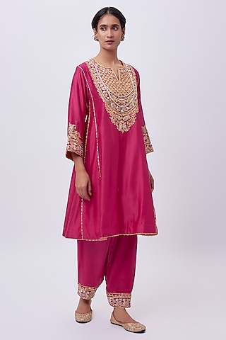 Pink Silk Chanderi Zardosi Hand Embroidered Kurta Set by Sheetal Batra