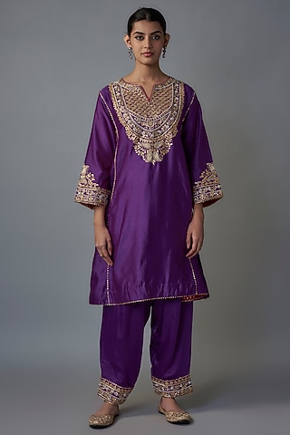 Purple Silk Chanderi Dabka Embroidered Kurta Set by Sheetal Batra