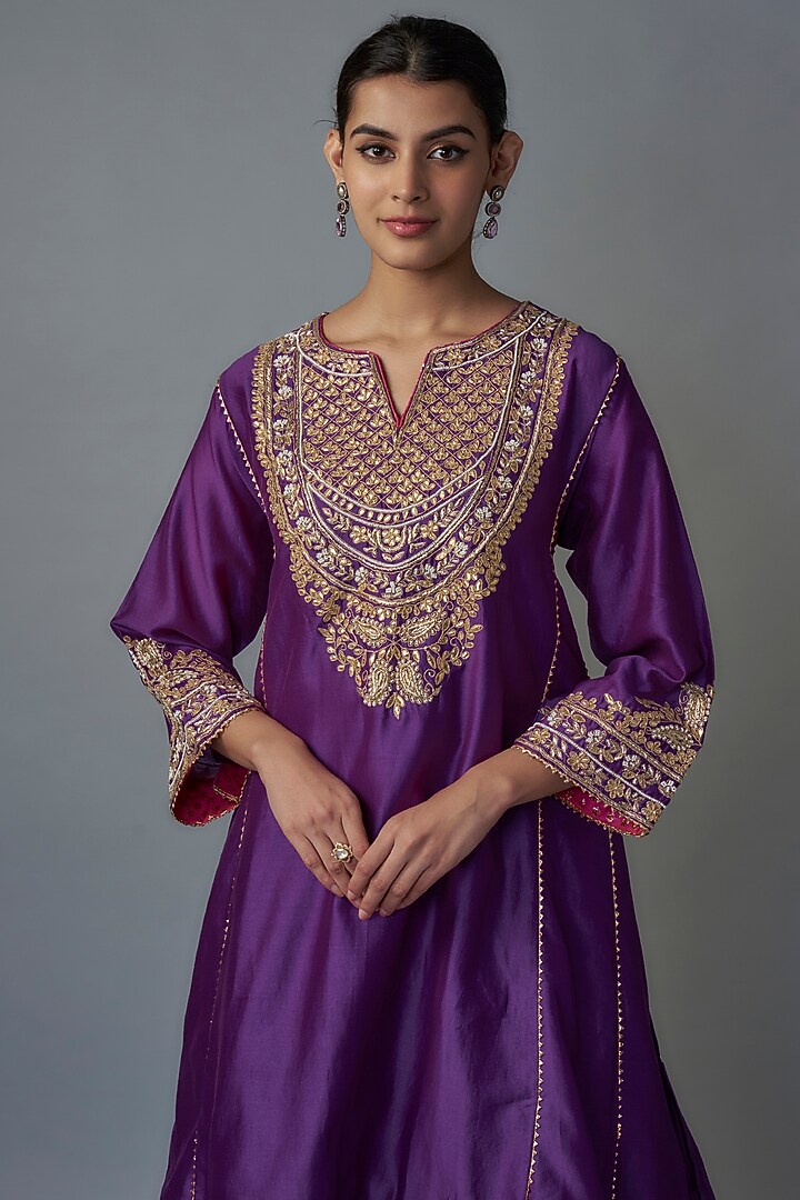 Purple Silk Chanderi Dabka Embroidered Kurta Set by Sheetal Batra at Pernia's Pop Up Shop